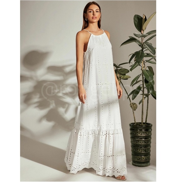 Eyelet White Halter Neck Maxi Dress A-Line Flowy Long Sleeveless - Picture 3 of 6